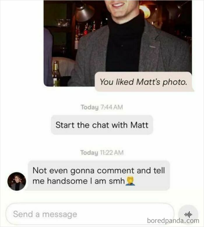 Man messages dating app asking for compliments showing confusion about his market value