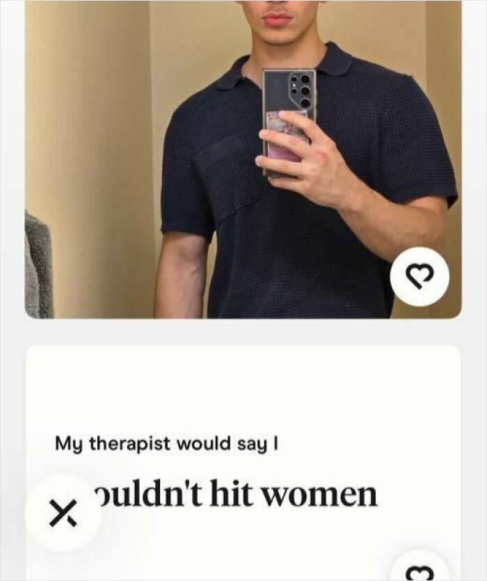 Man taking selfie with dating profile confused about therapist's advice on hitting women