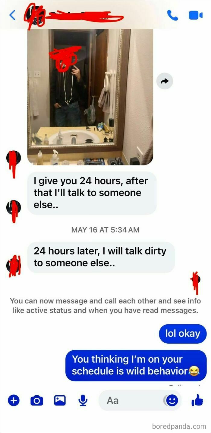 Text conversation with photo, discussing talking to someone else in 24 hours