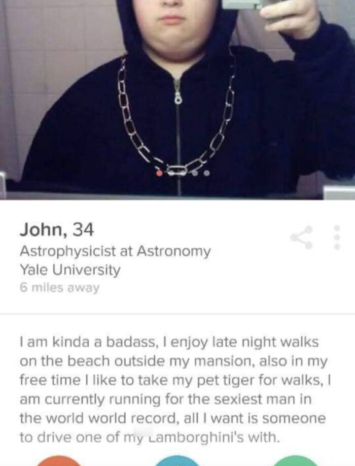 Dating profile of John, 34, astrophysicist with humorous bio about luxury and badassery