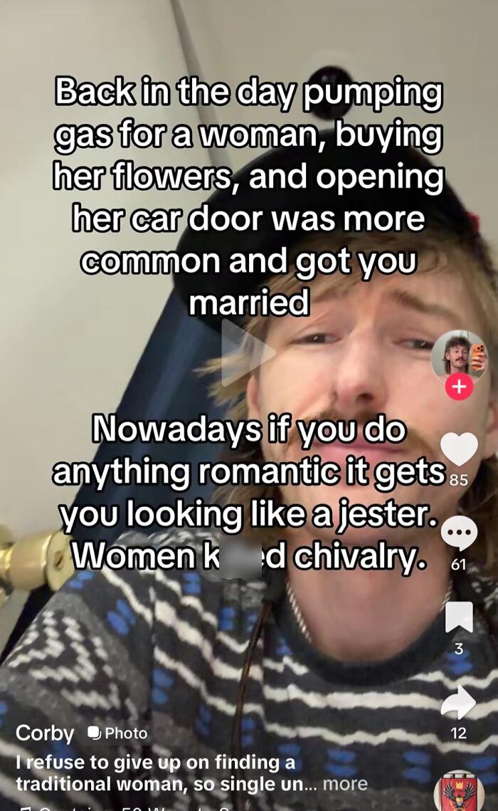 Man’s video with text about traditional romance and chivalry decline