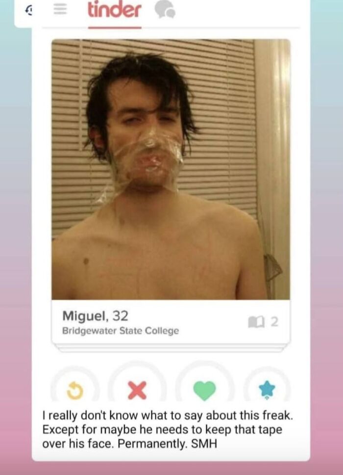 Tinder profile of a man with tape over his face, humorously critiqued in comments