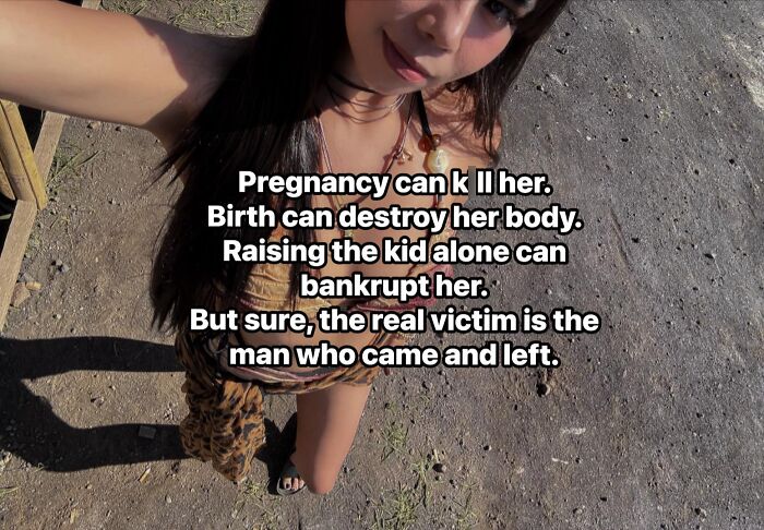 Woman with text about pregnancy risks and man leaving in outdoor selfie