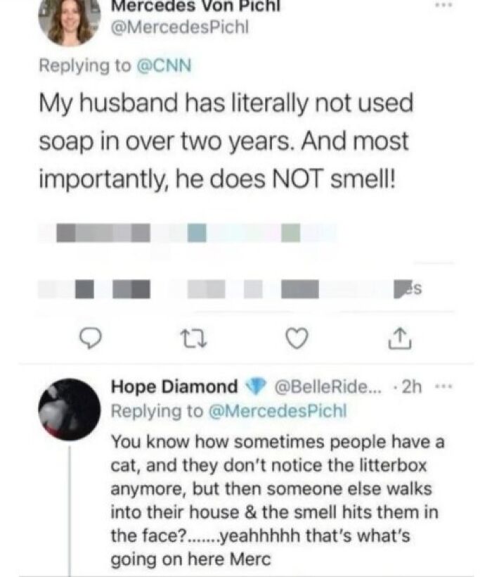 Twitter exchange joking about a man not using soap and not smelling bad