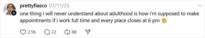 Tweet about difficulty making appointments due to adult work and early closing hours