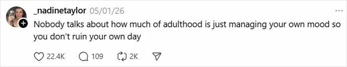 Tweet about managing moods as a major part of adulthood