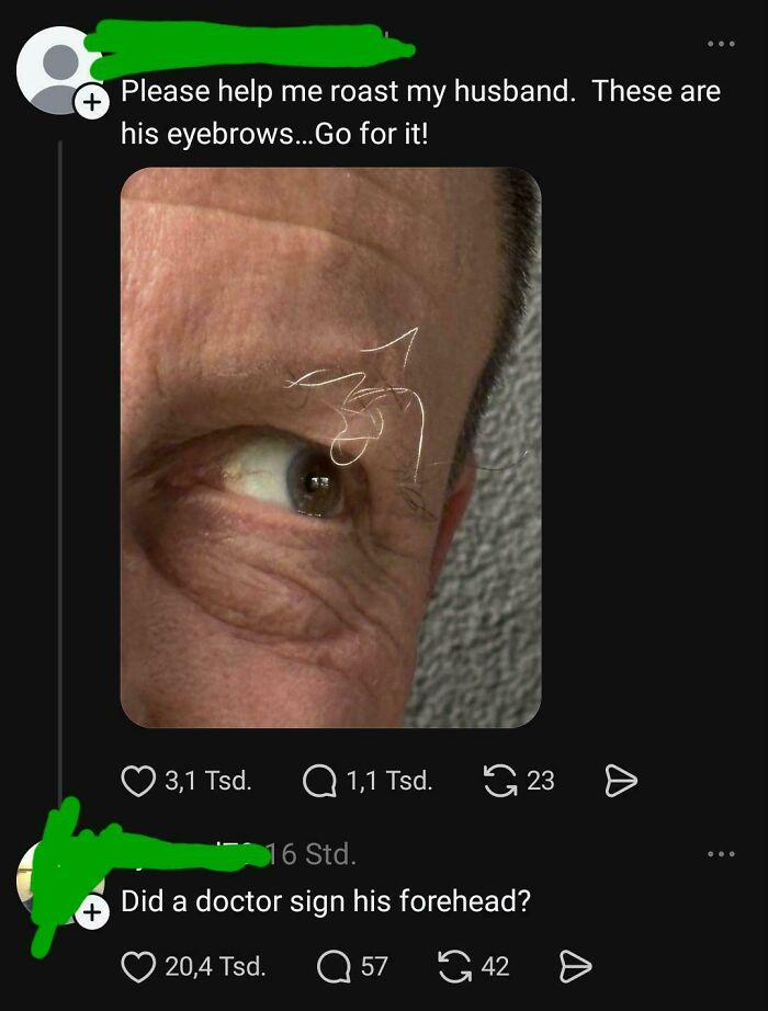 Close-up of man's eye with light eyebrow hairs and comment about doctor signature