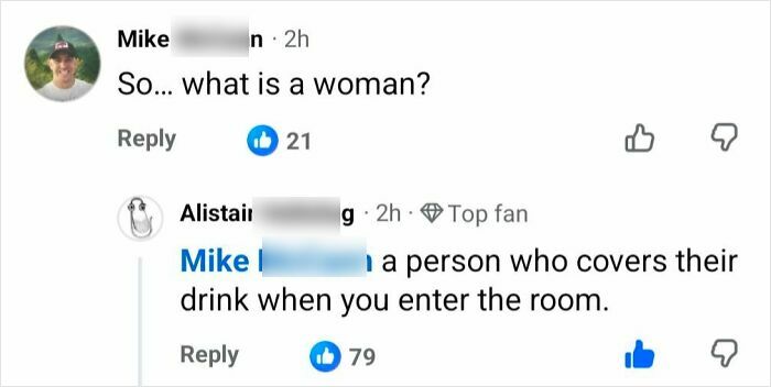 Social media comment exchange questioning the definition of a woman in confused market value context