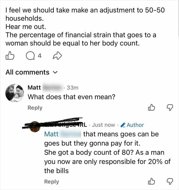Social media comment discussing financial strain linked to a woman's body count in relationships