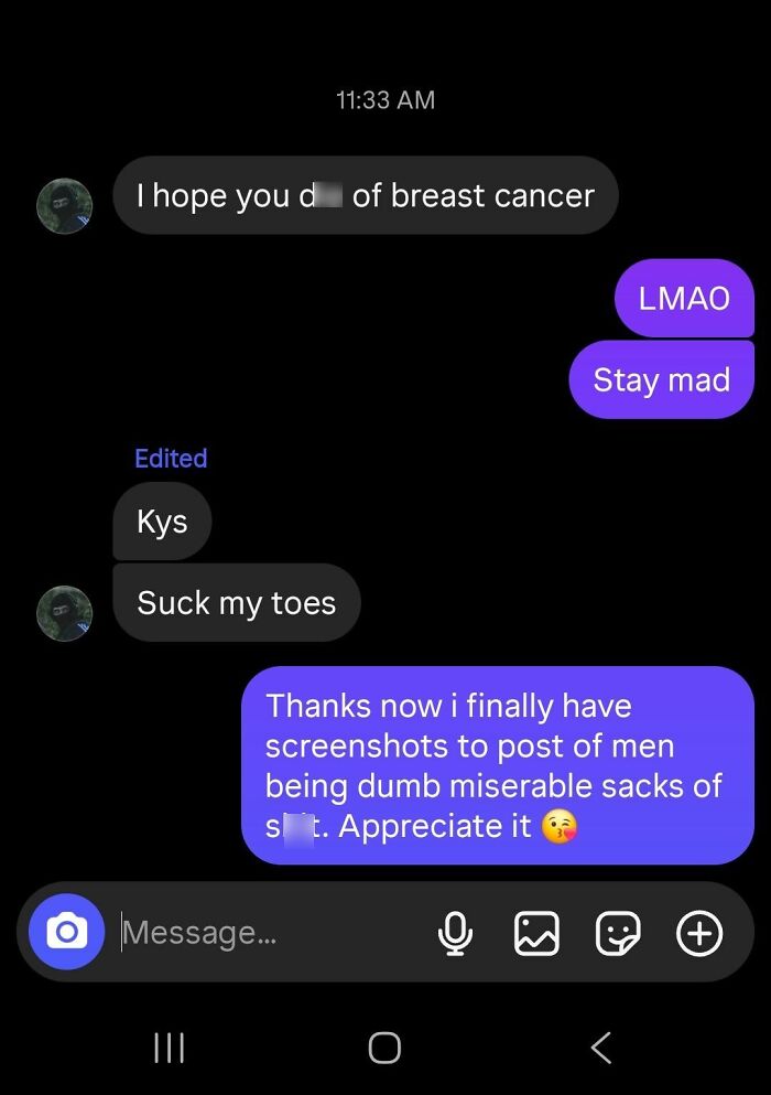 Screenshot of aggressive and sarcastic messages from a man