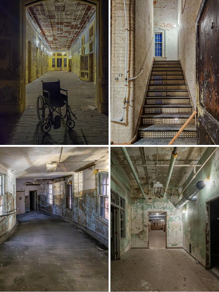 Interior of abandoned mansion showing wheelchair, stairs, and distressed walls