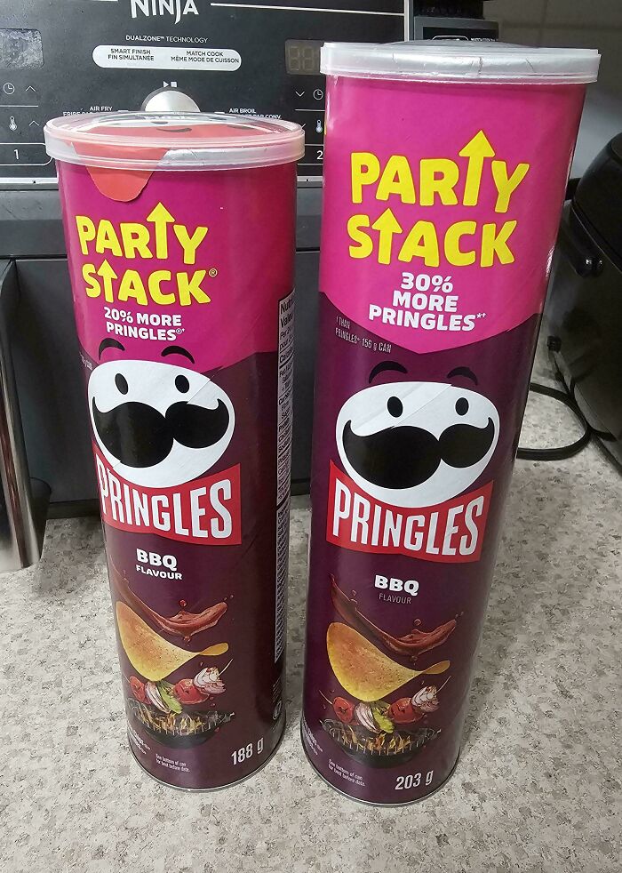 Pringles Party Stack BBQ flavor with two different sizes showing misleading packaging