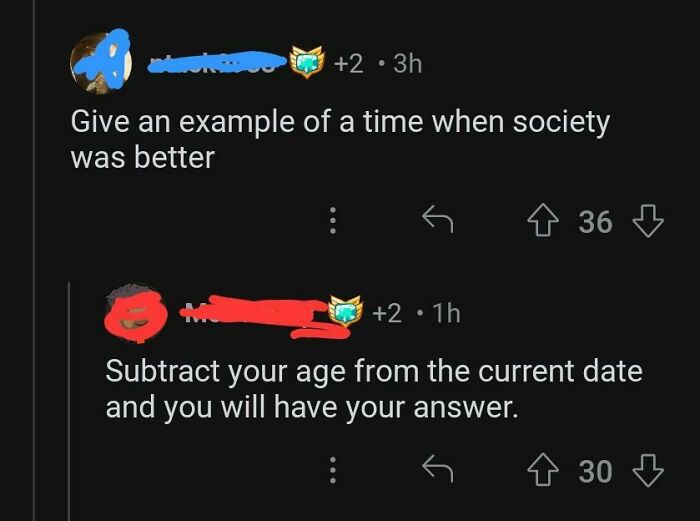 Reddit conversation about when society was better with a sarcastic reply
