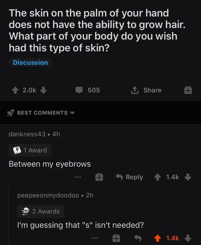 Reddit discussion about skin on palms and humor about eyebrow skin type
