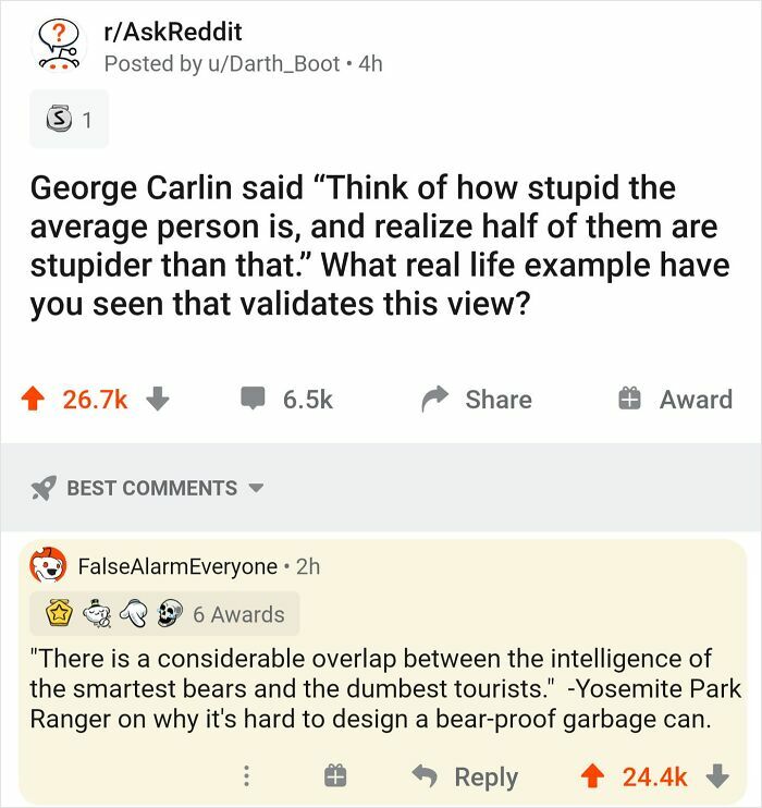 Reddit post with witty comments on intelligence and bear-proof garbage