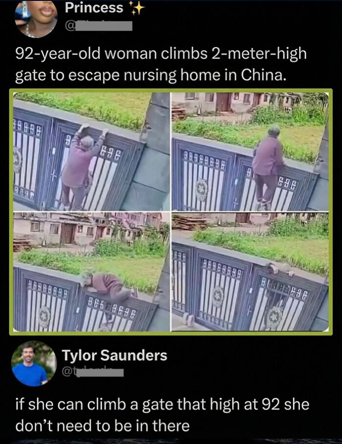 92-year-old woman climbs 2-meter-high gate escaping nursing home in China in clever comment post