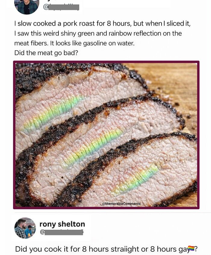 Savage social media comment on rainbow reflection on pork roast meat