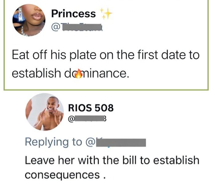 Savage comment on first date dominance by eating off his plate and bill consequences