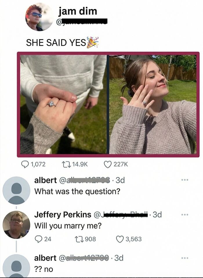 Engagement ring and marriage proposal with savage and clever social media comments