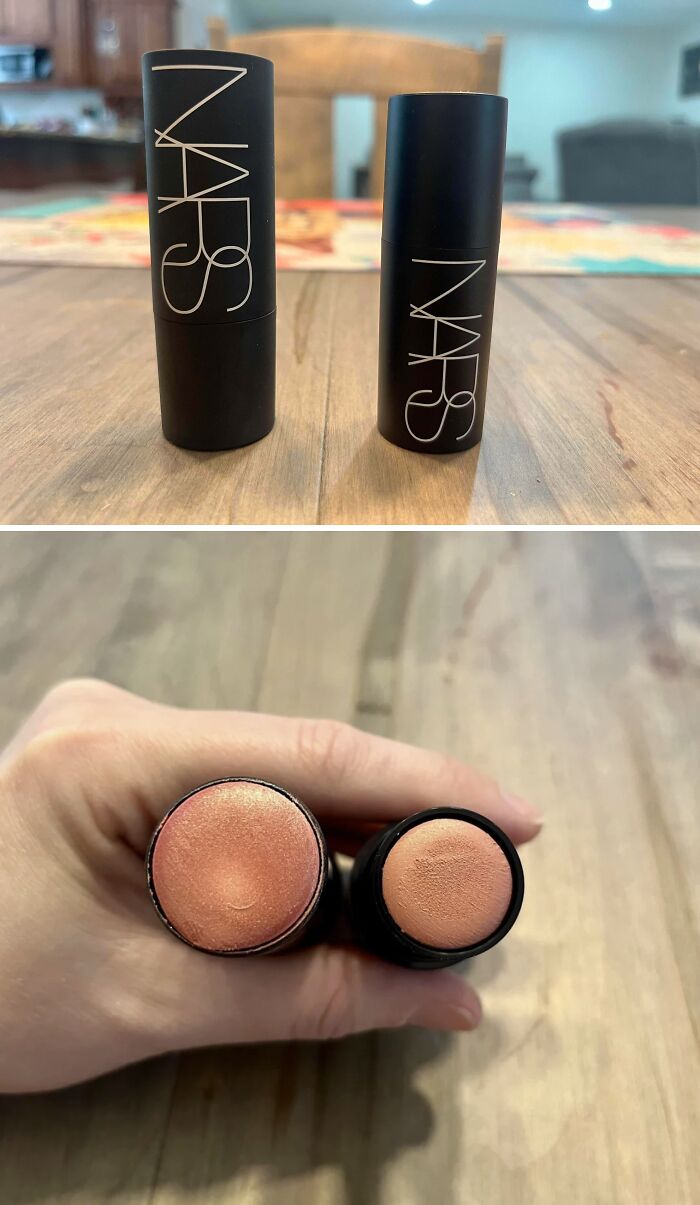 NARS makeup sticks side by side comparing different product sizes with labels visible