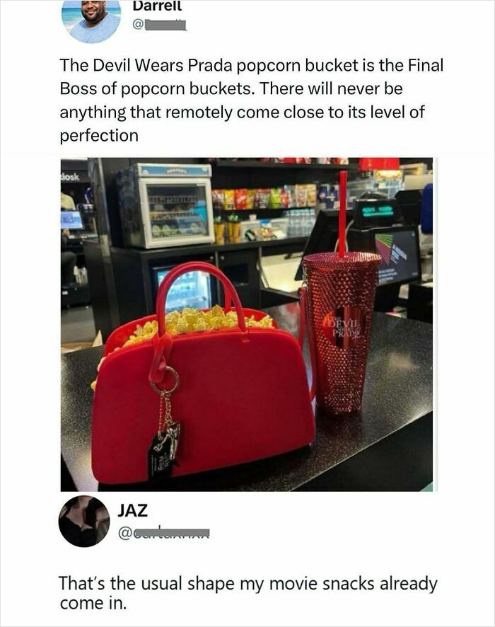 Savage tweet praising Devil Wears Prada popcorn bucket as the ultimate popcorn bucket
