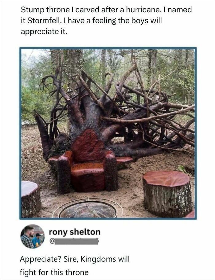 Carved tree stump throne named Stormfell after a hurricane