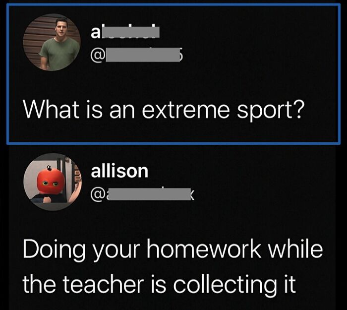 Savage comment joke about extreme sport and homework in comments