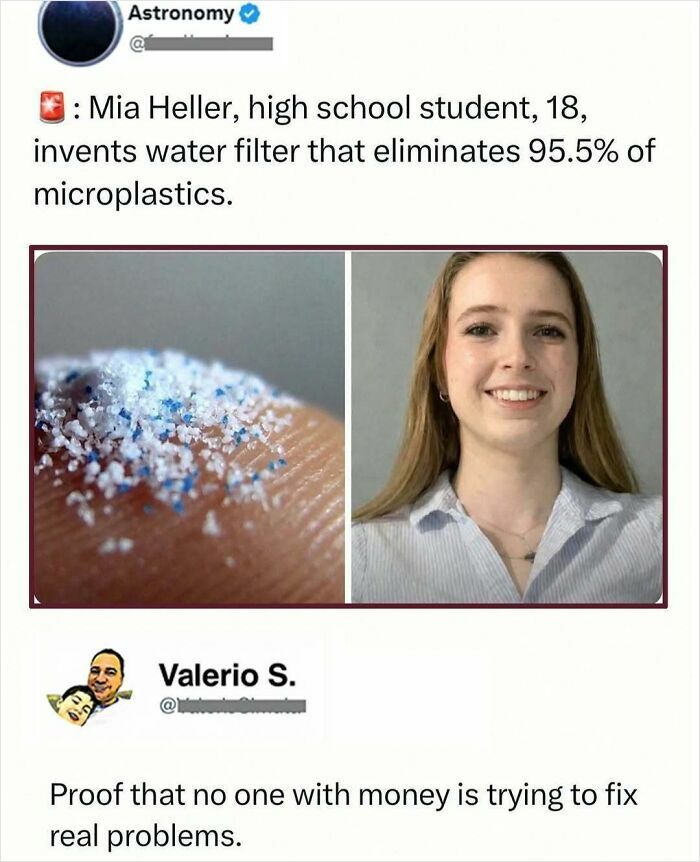 High school student inventing water filter to eliminate microplastics