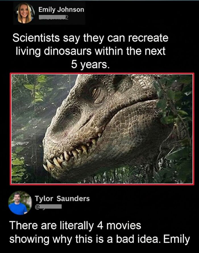 Savage comment discussing recreating dinosaurs and movie warnings