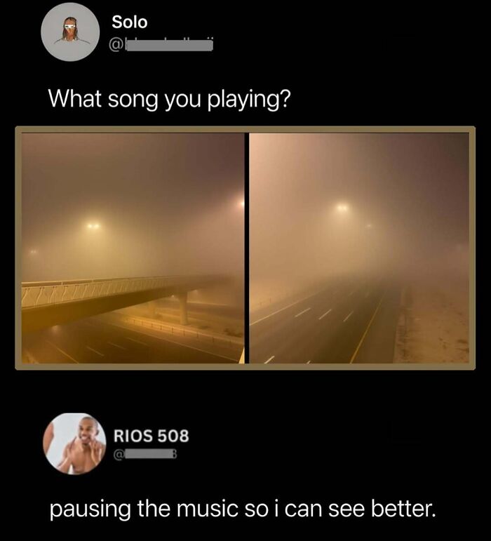 Funny comment about pausing music to see better with foggy road images