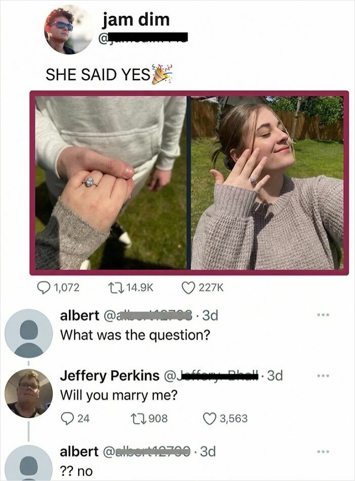 Engagement ring and marriage proposal with savage and clever social media comments