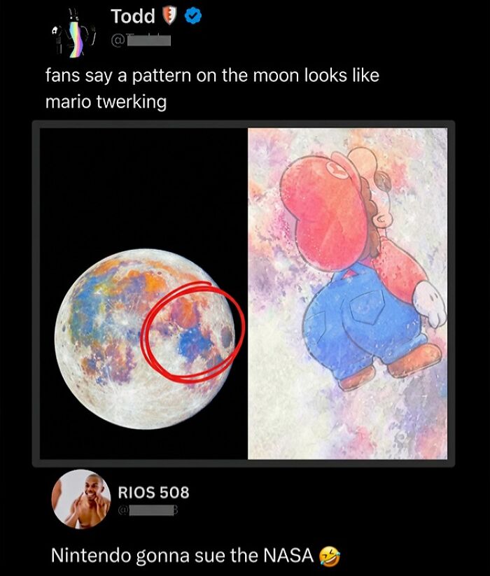 Clever comment on moon pattern resembling Mario twerking with colorful moon image