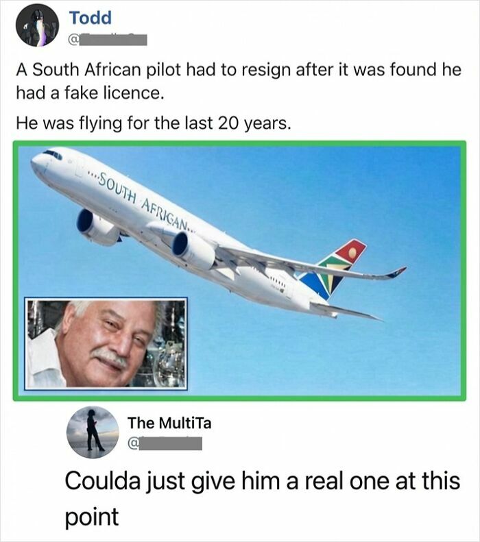 Savage comment about South African pilot with fake license flying for 20 years