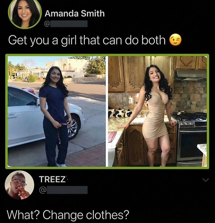 Clever tweet about girl who can change clothes shown in two pictures