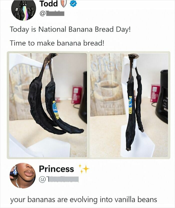 Funny tweet about overripe bananas evolving into vanilla beans in savage comments