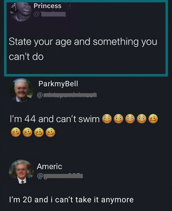 Funny Twitter thread asking age and something you can't do