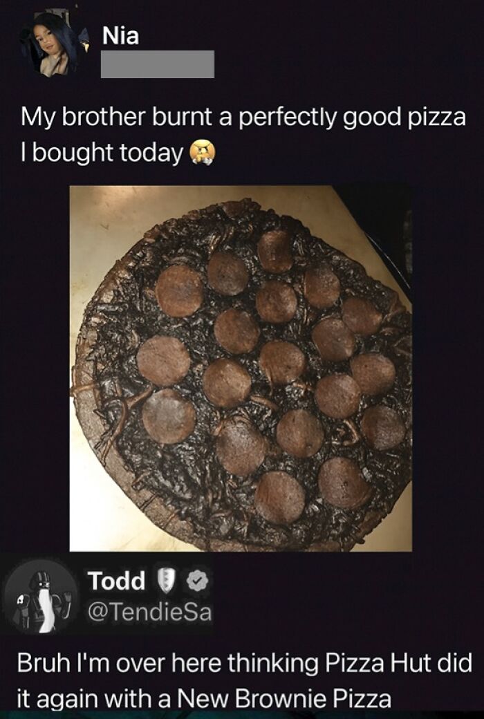 Burnt pizza resembling a brownie pizza with pepperoni pieces