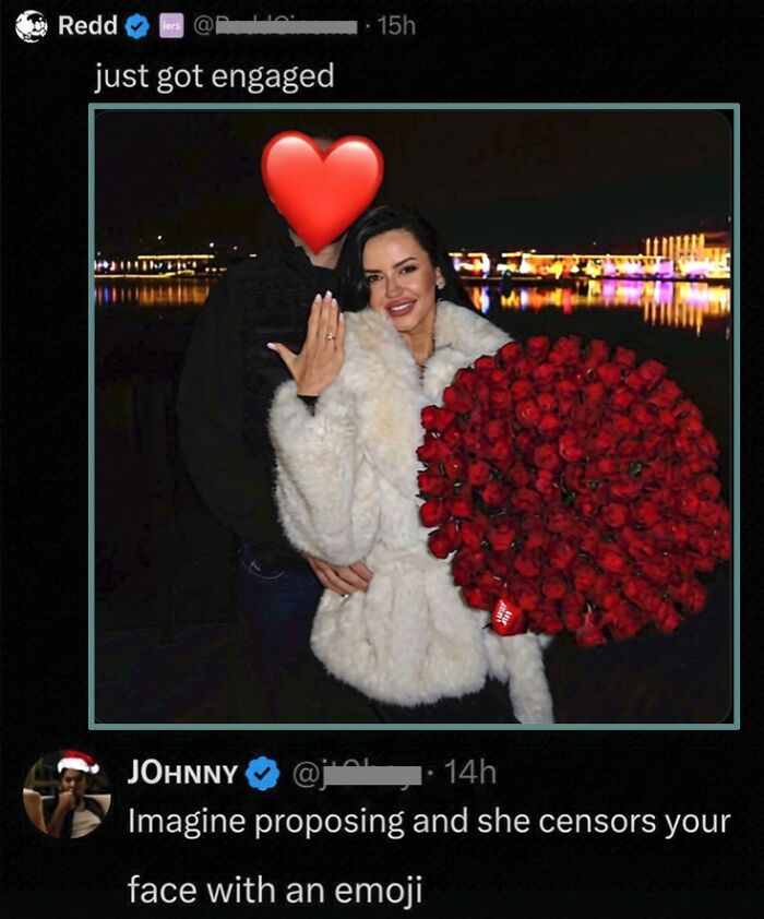 Clever Twitter comment about engagement with bride censoring groom's face with emoji