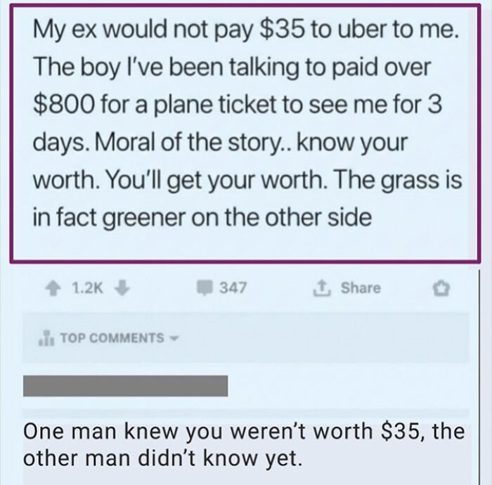 Savage comment on worth and relationship comparing ex and new partner payments