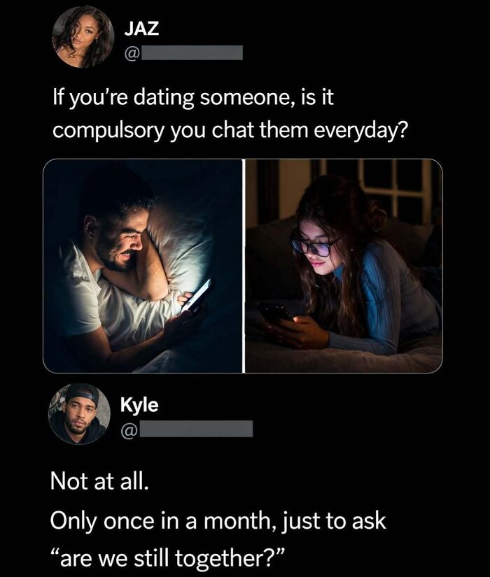 Savage comment on dating chat frequency with images of two people texting at night
