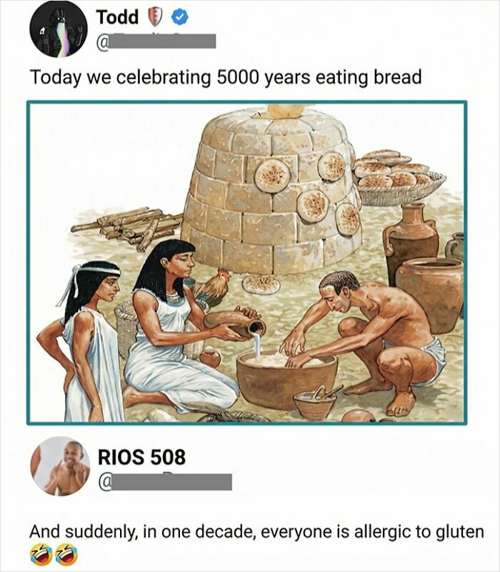 Historical bread making image with gluten allergy joke in savage comments
