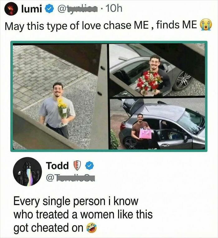 Humorous tweet about love and cheating with man holding flowers