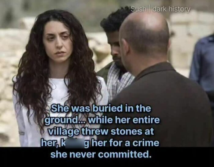 Image showing a woman and two men with text about a stoning incident in a village historical facts