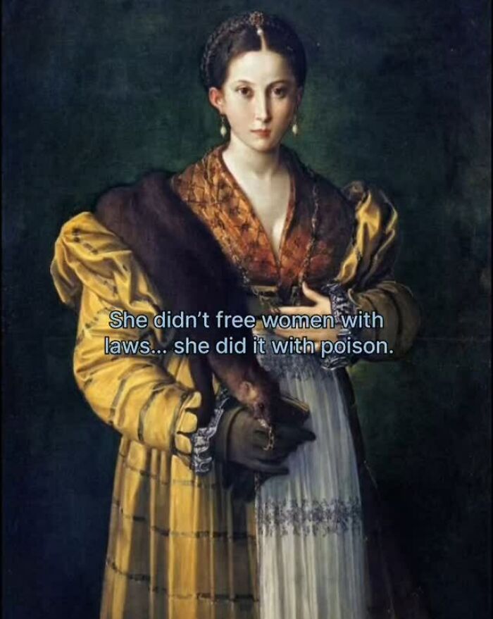 Historical portrait of a woman with a caption about freeing women with poison historical facts