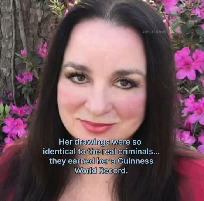 Close-up portrait of a woman with text about her criminal drawings earning a Guinness World Record