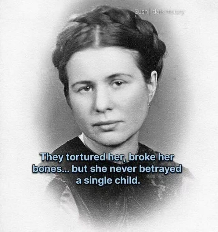 Black and white photo of a woman with text about t*****e and betrayal in creepy historical facts