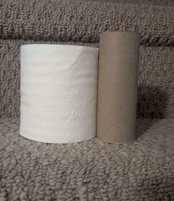 Full and empty toilet paper rolls side by side on textured surface