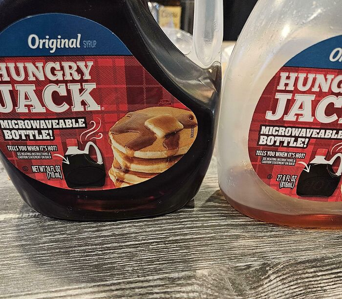 Hungry Jack syrup microwaveable bottle with different sizes shown