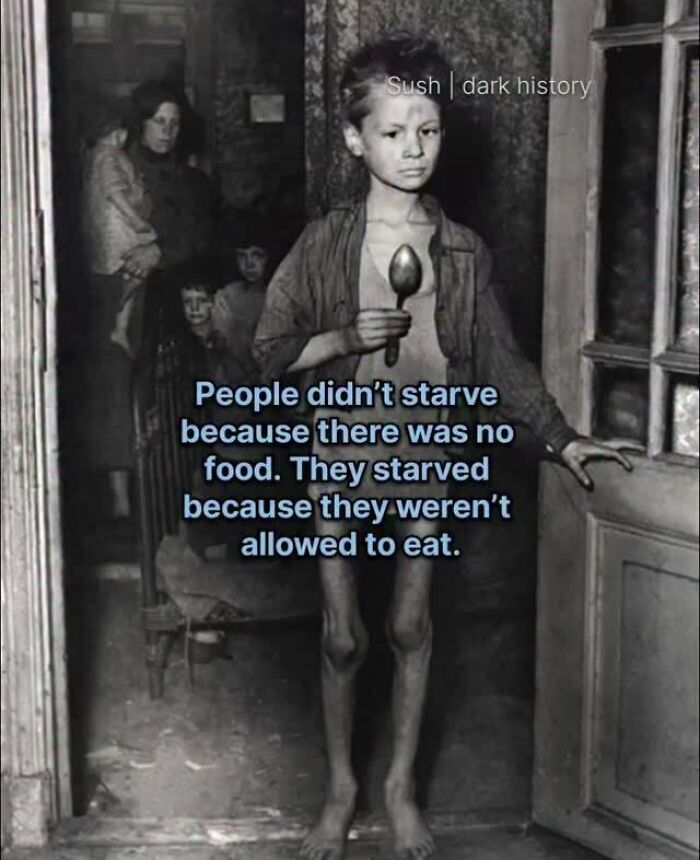 Emaciated boy with spoon highlighting starvation in dark historical facts