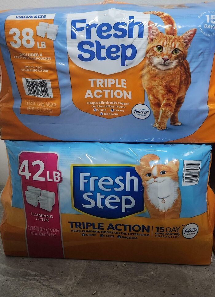 Two bags of Fresh Step triple action cat litter with different weights stacked